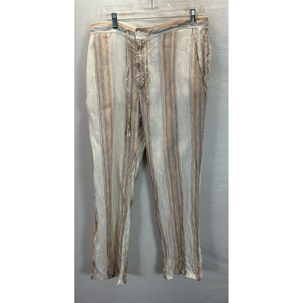 Zegna Mens 100% Linen Striped Pants IT 52 Made in Italy Coastal Drawstring Beige